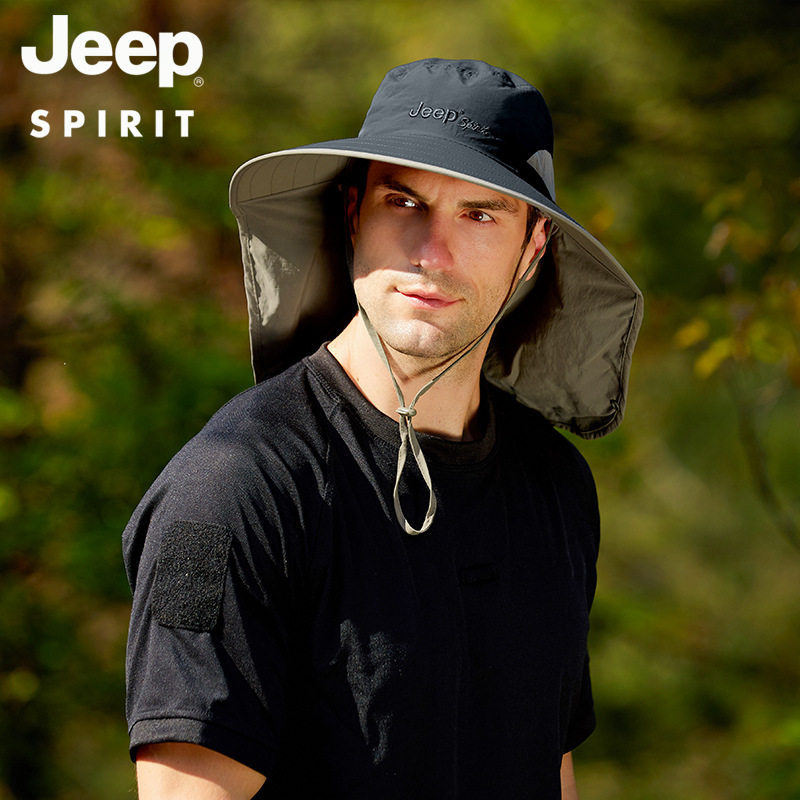 jeep spirit防晒帽子男士钓鱼帽夏季渔夫户外登山太阳帽遮脸防紫