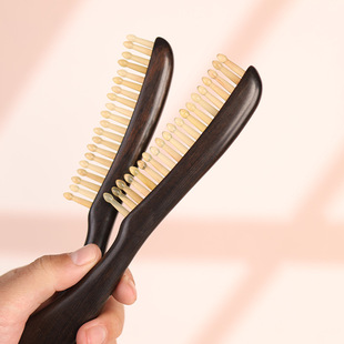 紫光檀羊角双排羊角齿按摩梳卷发多发长发经络刷檀木梳子男女通用