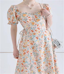 VEGA 茶歇裙度假风a字长裙 CHANG碎花连衣裙女2023夏新款 方领法式