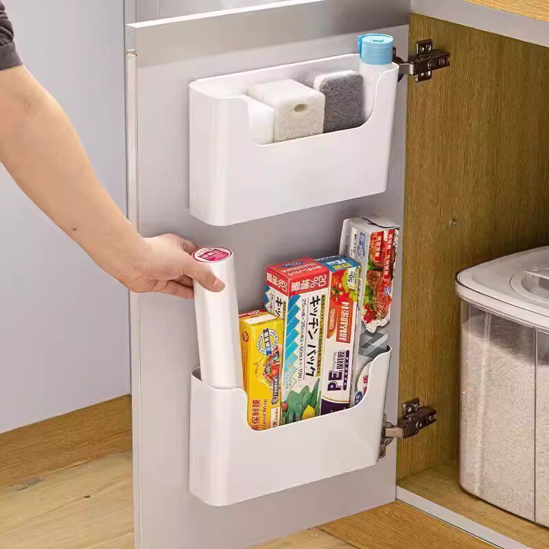 厨房柜门内侧收纳盒壁挂式免打孔收纳神器橱柜门冰箱保鲜膜置物架