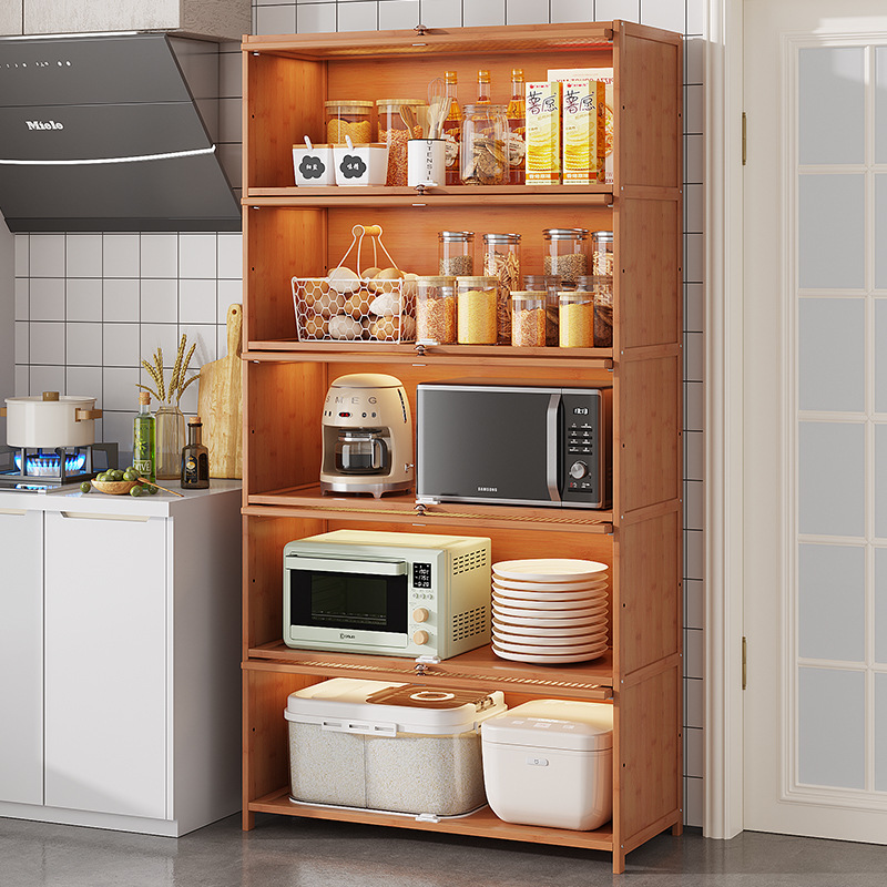厨房置物架多功能落地多层收纳柜带门碗筷盘碟锅具电器微波炉橱柜