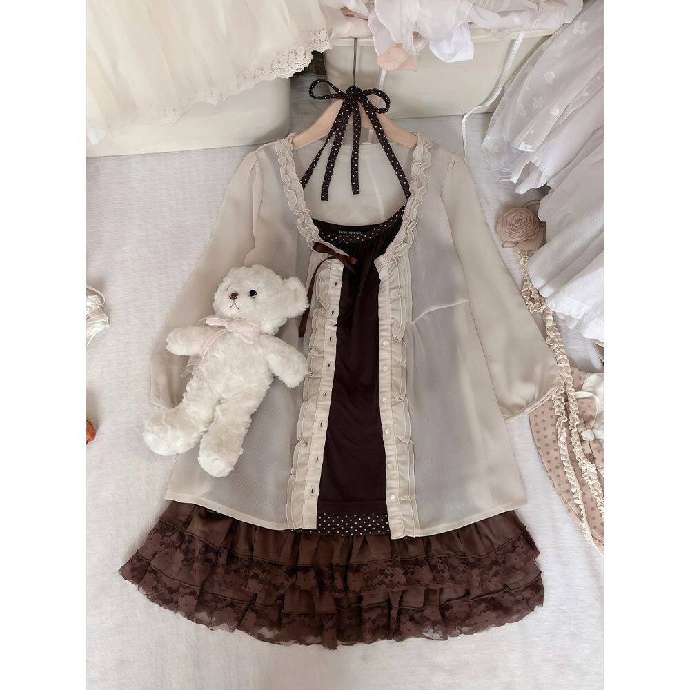 【清柚栀香】清新少女穿搭森系温柔小个子春夏开衫+吊带+短裙套装