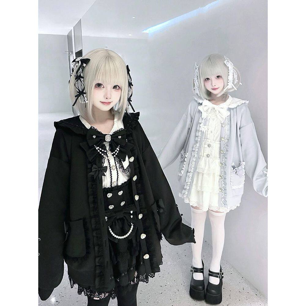 学园序曲 日系海军领学院风量产型甜妹蕾丝花边宽松开衫水色外套