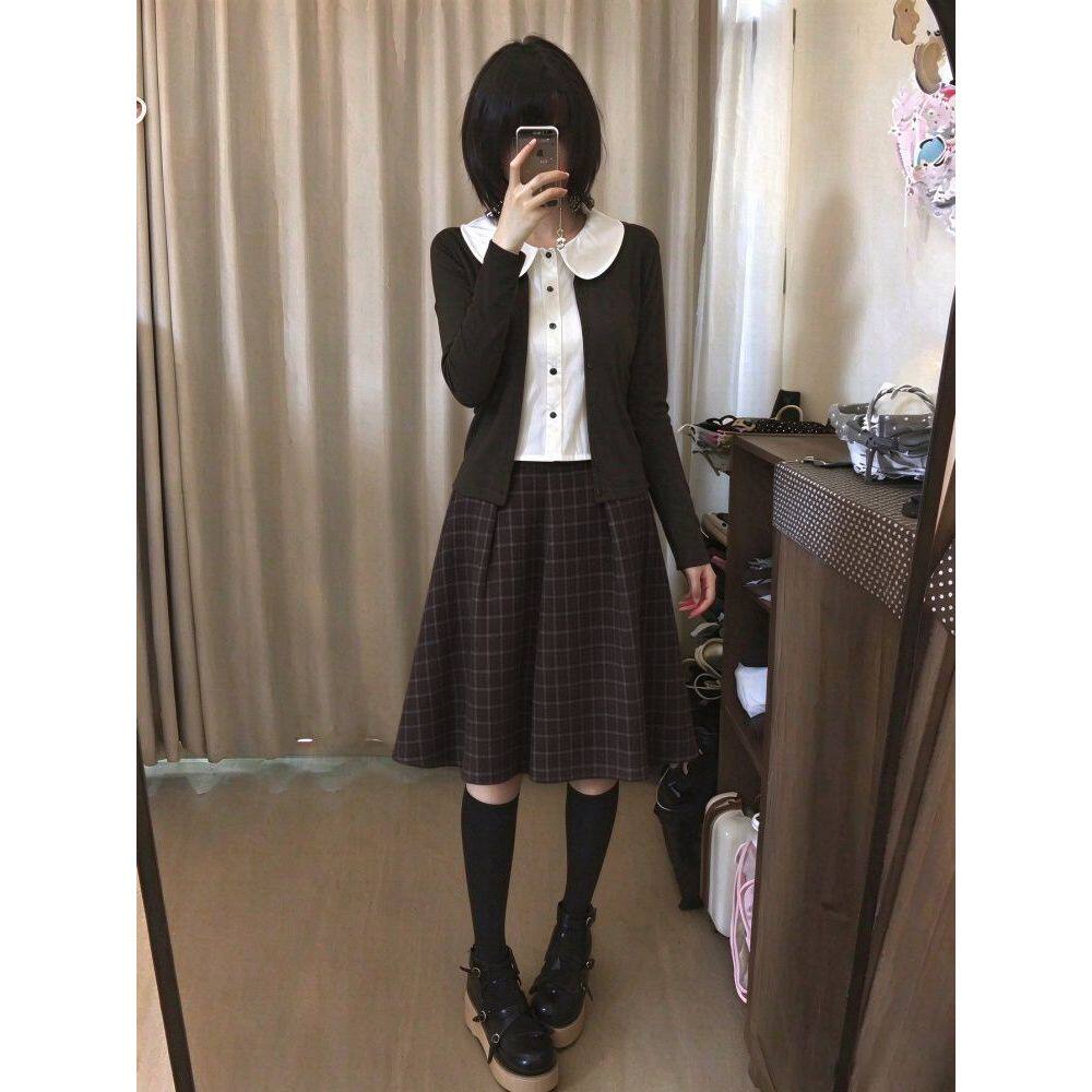 【温屿茶契】日系文艺学院风两件套假两件上衣格纹半身裙软妹套装
