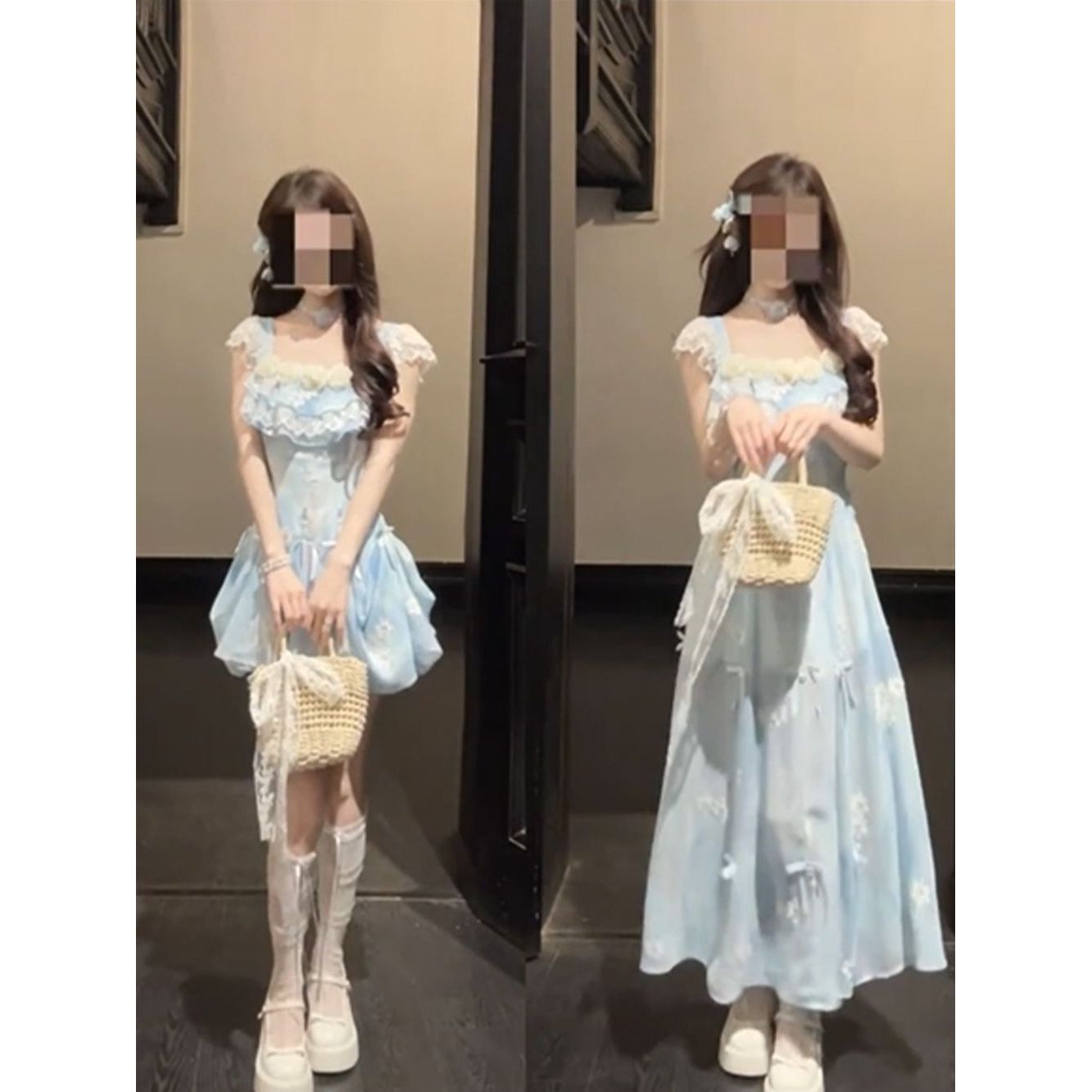 海蓝贝壳度假风少女甜美碎花抹胸小飞袖连衣裙两穿小众设计感长裙