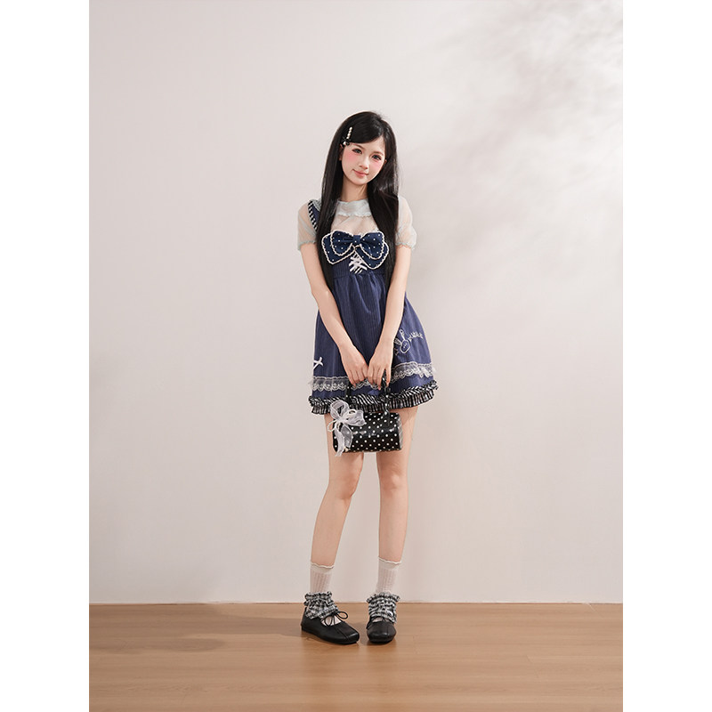 萌兔教主 日系少女感上衣+蝴蝶结背带裤套装小个子可爱减龄两件套