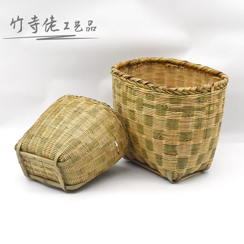 竹编长方形篓子单车篓子椭圆形背篓茶叶采摘水果收纳竹篮摆放道具