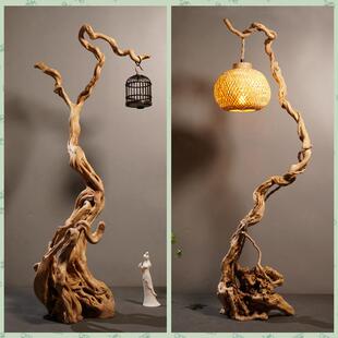 风化枯木摆件杜鹃根艺灯蝈蝈鸟笼挂架崖柏树根雕玄关客厅软装饰品