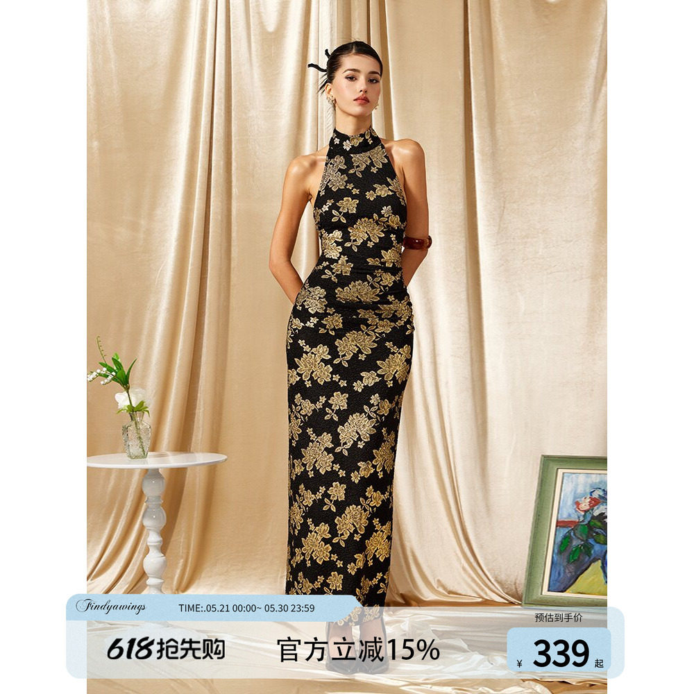 《张南同款》FIND YA WINGS新中式旗袍烫金性感晚礼服挂脖连衣裙