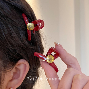 凯旋门前额红色新年发饰小抓夹刘海侧边质感夹子头饰碎发夹边夹女