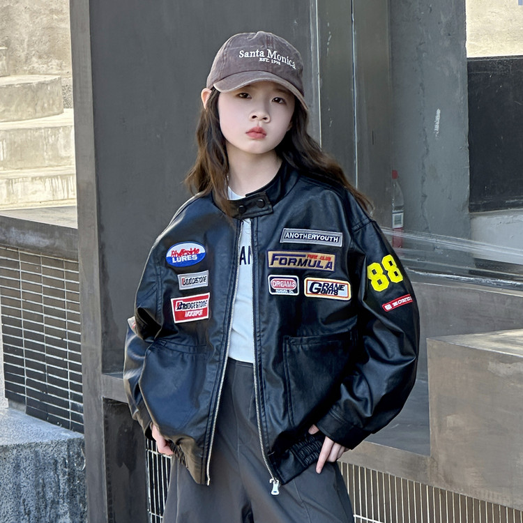 女童机车服皮衣春秋款2025新款儿童潮装女大童赛车服立领外套秋季