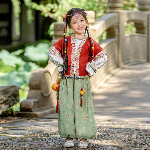 女童汉服儿童三件套装中国古风改良中秋节表演服异域风情藏族裤装