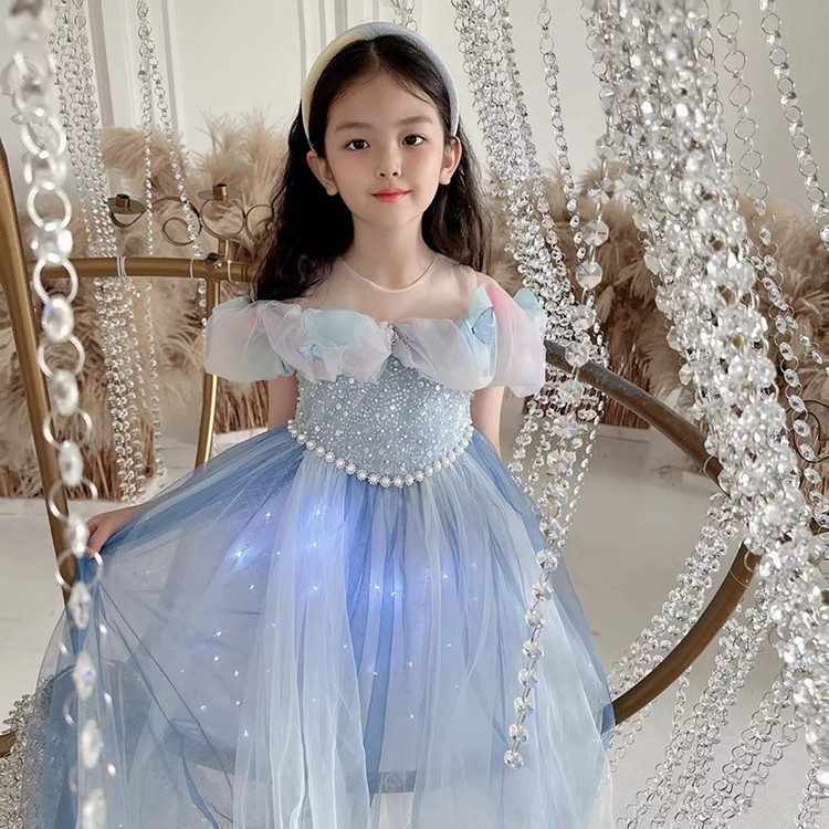 女孩公主裙夏季原版冰雪奇缘爱莎礼服女小童夏装发光生日裙子