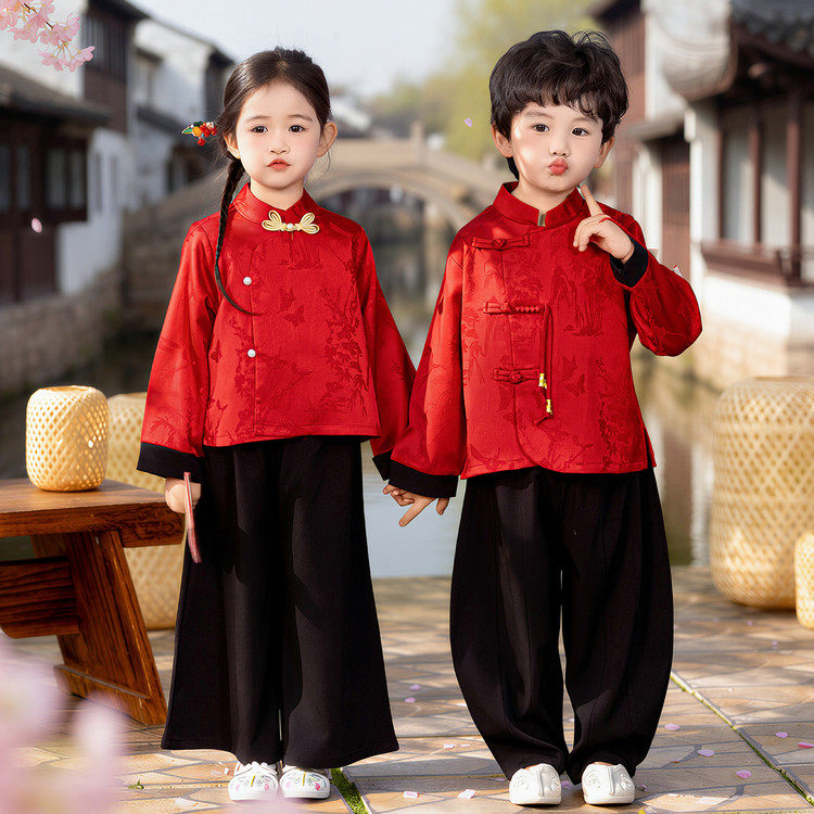 儿童春季汉服红色喜庆兄妹生日古风唐装国风男女童新中式表演服