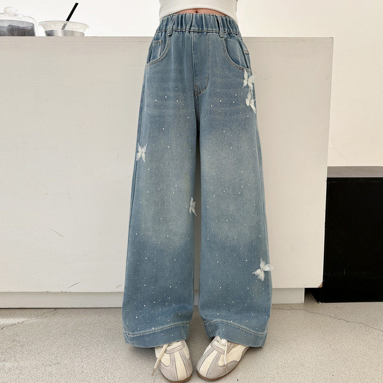 女童牛仔裤春秋款女大童网红炸街阔腿裤儿童烫钻休闲裤初中生裤子