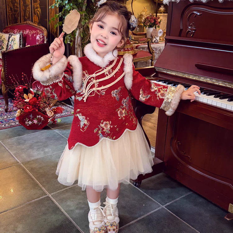 女童秋冬季加绒国风连衣裙2025新款女宝假两件网纱拼接蝴蝶旗袍裙