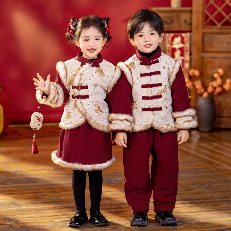 儿童元旦表演拜年服中国风汉服套装新款宝宝秋冬装马年新年演出服