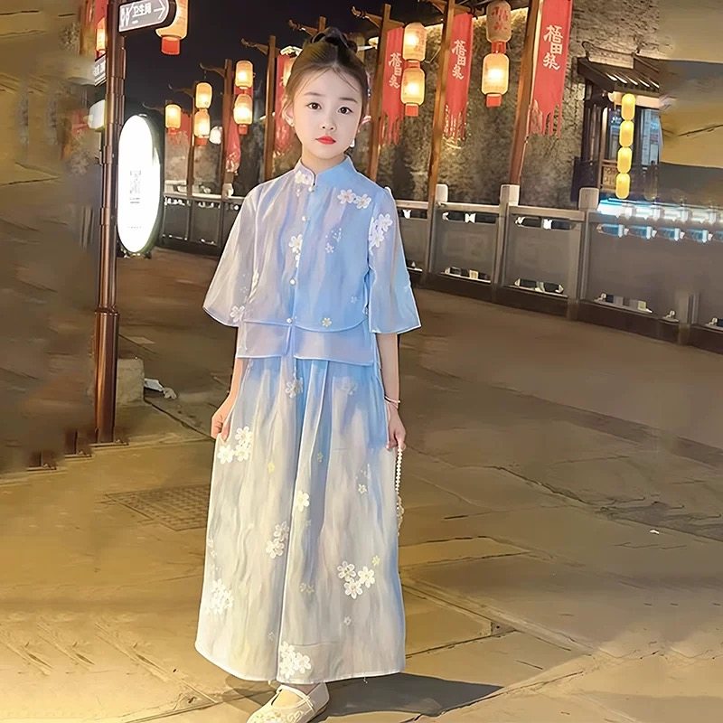 女童汉服新中式夏季2025新款儿童国风中袖刺绣女孩超仙气质两件套