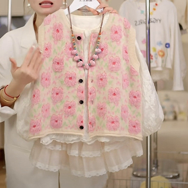 女童马甲春装2026款开春碎花针织外穿背心大童蕾丝坎肩汉服两件套