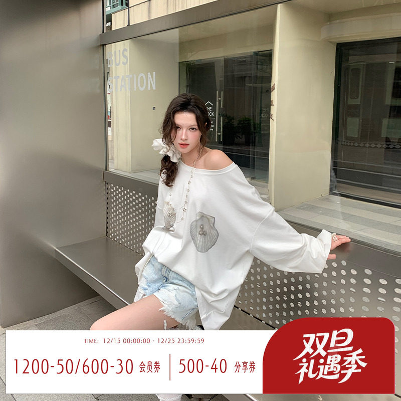 韩系印花长袖T恤女秋季露肩上衣