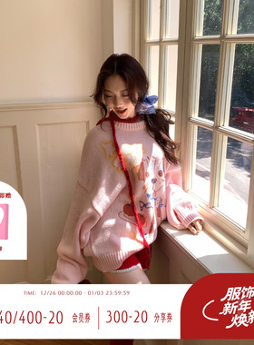 BJHG不计后果  慵懒风小狗涂鸦圆领针织毛衣女秋冬季俏皮宽松上衣