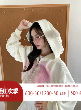 FTT FlyTheTruth『甜心小匪』 小羊耳朵白色卫衣短外套女连帽开衫