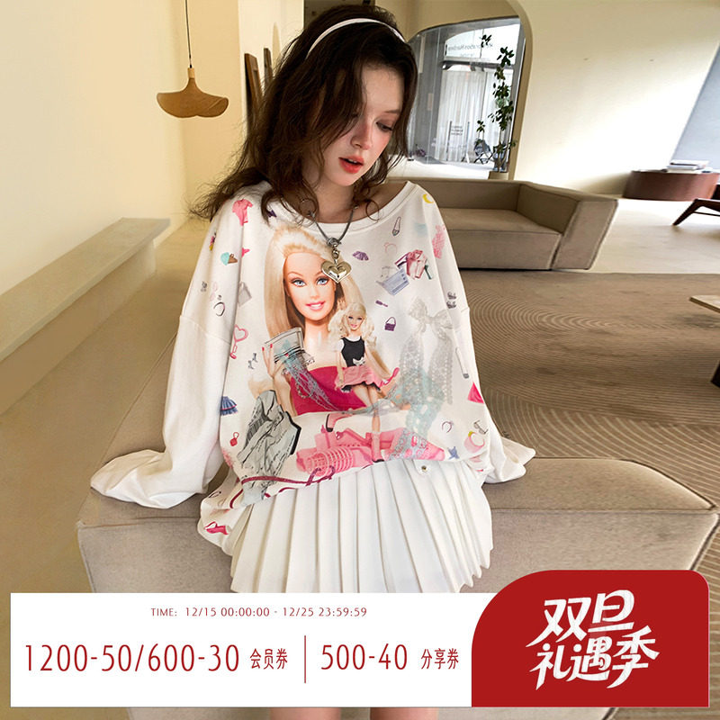 芭比印花宽松圆领白色长袖T恤女