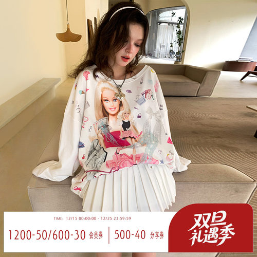 芭比印花宽松圆领白色长袖T恤女