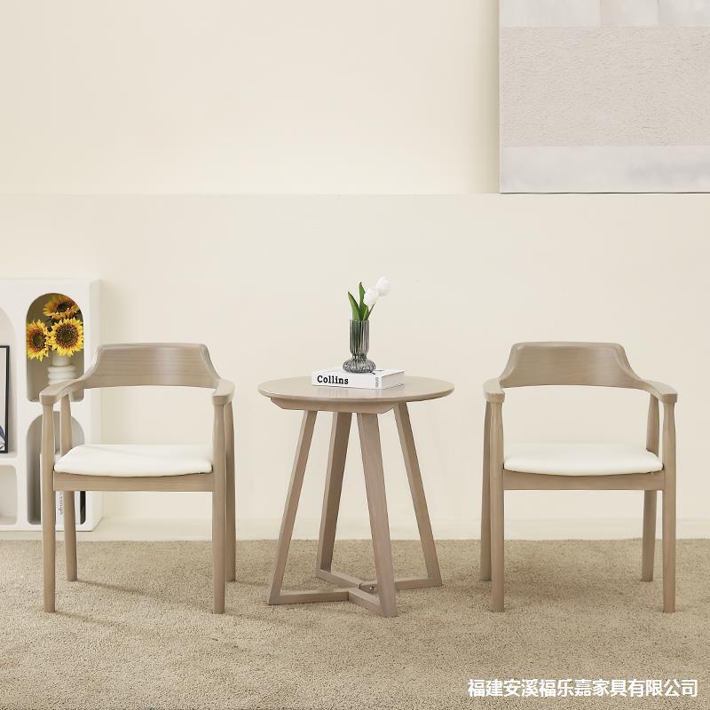 北欧奶灰色全实木圆形茶几轻奢网红餐桌椅会客厅休闲息区洽谈桌子
