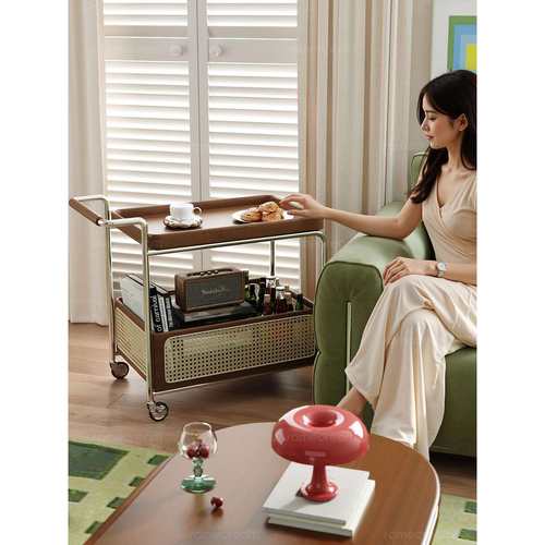 沙发边几可移动茶几客厅家用边柜小推车中古实木小桌子收纳置物架