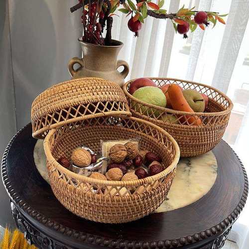 新款越南藤编果篮三件套家用收纳筐镂空圆藤编水果盘藤编果篮
