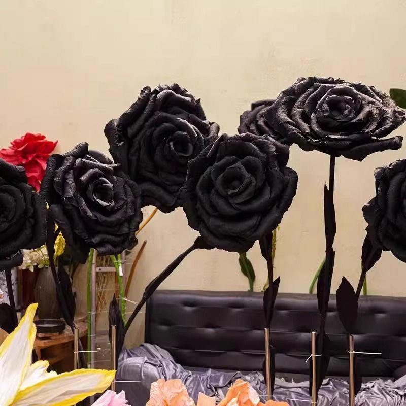 黑色玫瑰巨型婚庆背景婚礼布置现场立体仿真花路引纸艺花