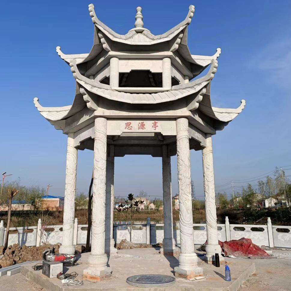 石雕凉亭晚霞红花岗岩单层六角石亭子广场别墅户外八角亭