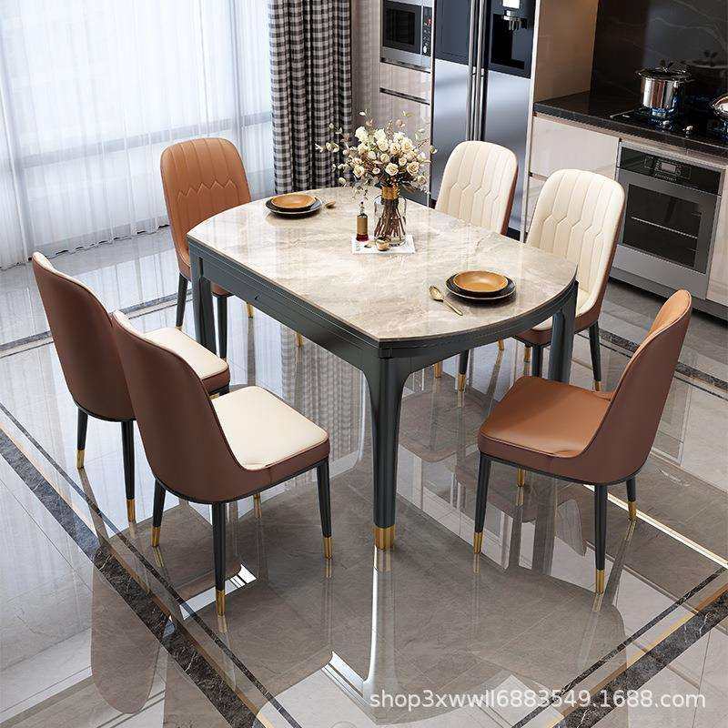 岩板餐桌伸缩可变圆桌轻奢折叠实木多功能圆形现代简约家用小户型