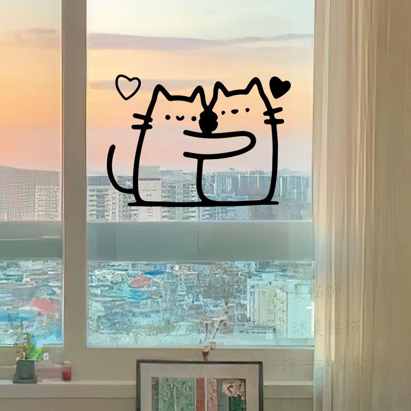 可爱猫咪拥抱窗户贴纸卧室客厅玻璃门装饰贴画自粘防水创意小图案图片
