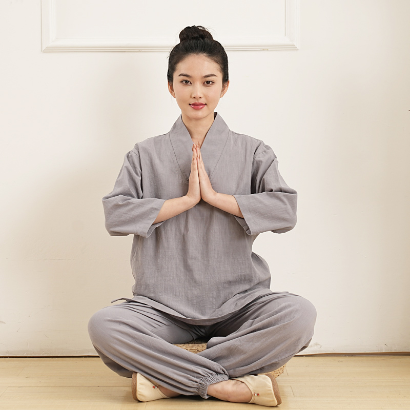圆弘纯棉海青居士服女禅意两件套宽松茶服男养生禅修服竹节棉套装