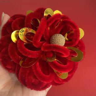新款红色头花包邮妈妈婆婆生日过年红绒花春节戴夹子聚宝盆