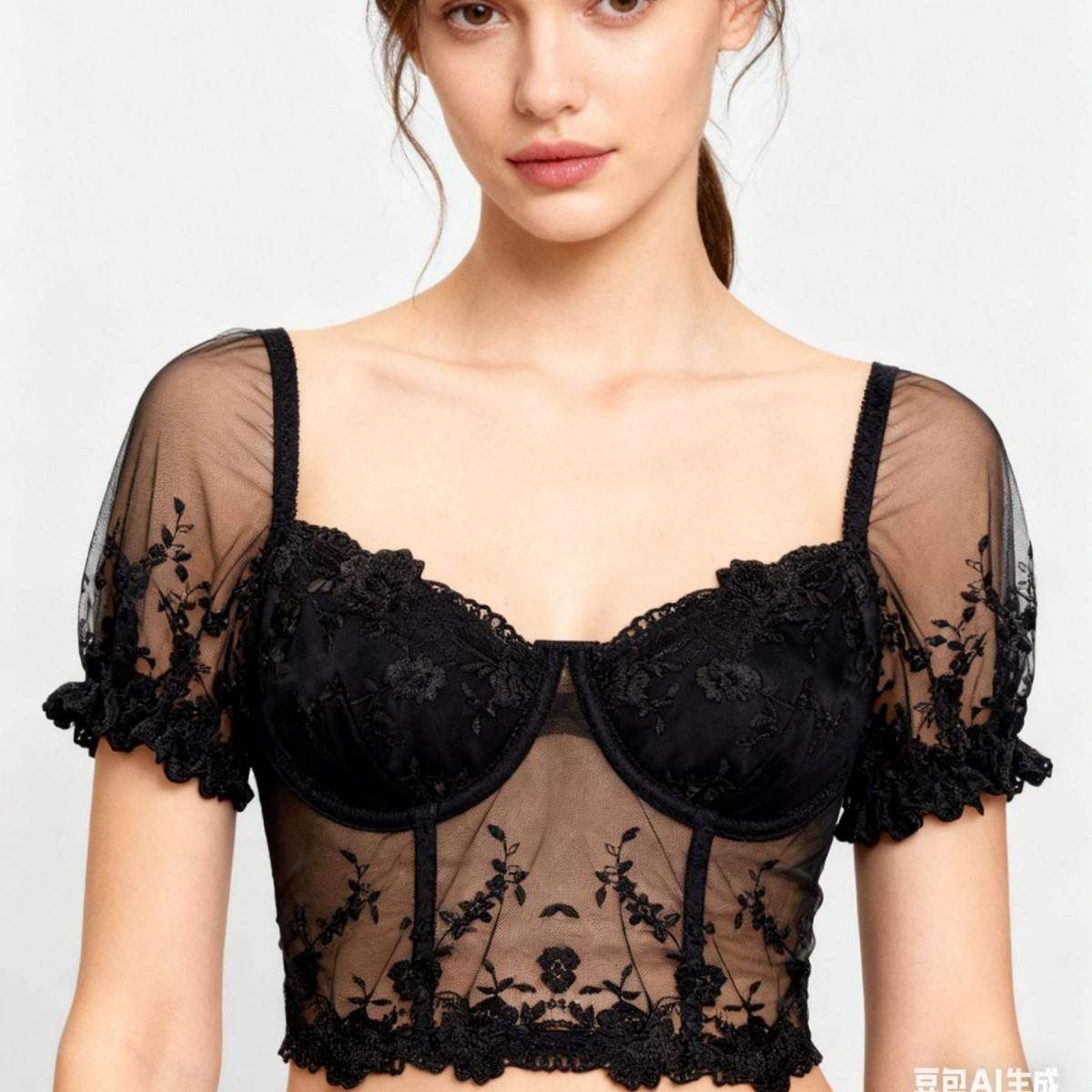 新款现货刺绣法式泡泡袖短款露脐鱼骨上衣性感收腰复古网纱装,女士内衣/男士内衣/家居服,吊带/背心/T恤/打底/肌底衣,淘宝优惠券,粉丝福利购,淘宝优惠卷