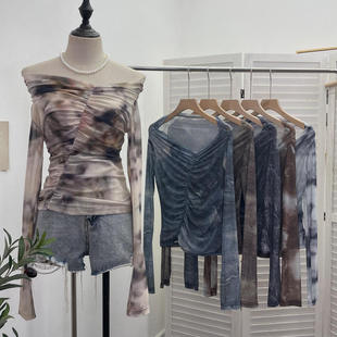 实拍 一字肩扎染印花网纱上衣设计感长袖不规则褶皱修身T恤衫9930
