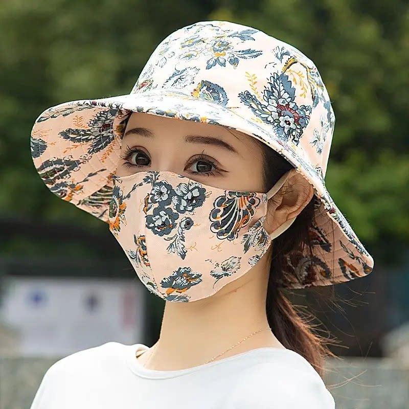 夏季新款口罩一体防晒帽遮阳大沿干活紫外线采茶太阳渔夫帽女妈妈