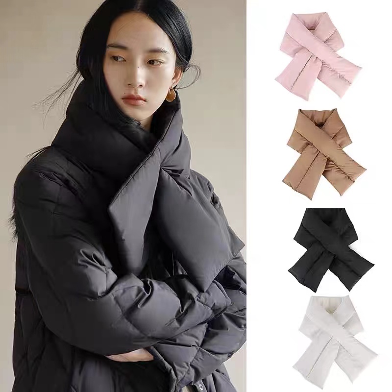 羽绒围脖秋冬季新款交叉羽绒围巾复古纯色男女时尚脖套保暖加厚