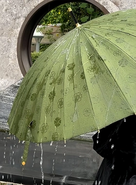 雨伞遇水开花加大加厚加固自动绿色24骨晴雨伞直杆长柄弯柄高颜值