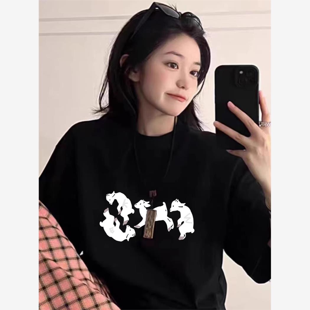重磅纯棉小羊黑色短袖t恤女2025年新款夏季宽松设计小众潮牌上衣
