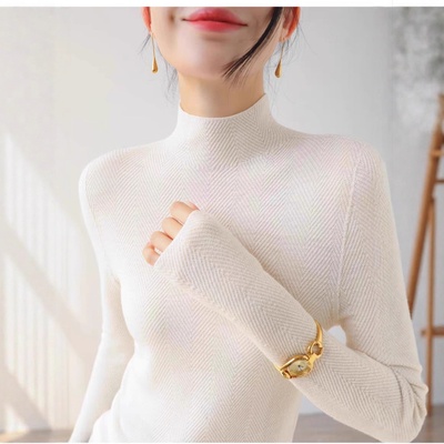 高端扬子纱水波纹无缝全羊毛针织衫女秋冬半高领长袖套头打底毛衣
