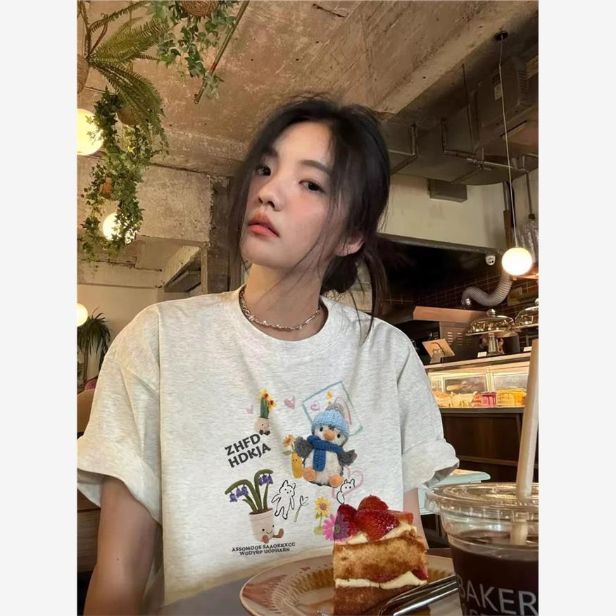 纯棉美式复古潮牌正肩短袖t恤女2025新款爆款夏季设计感小众上衣