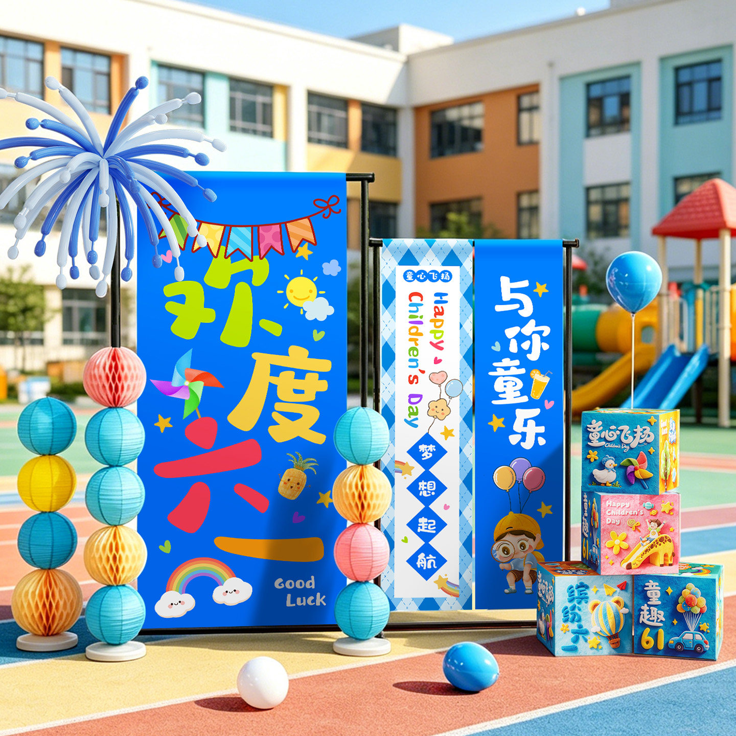 六一儿童节学校幼儿园活动场景布置支架挂布条幅拍照背景气球装饰