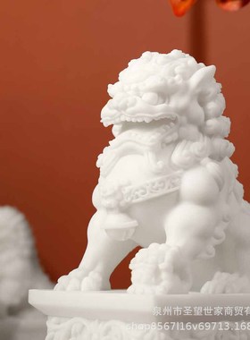 中式汉白玉石狮招财摆件一对玄关造景瑞兽创意桌面家居客厅