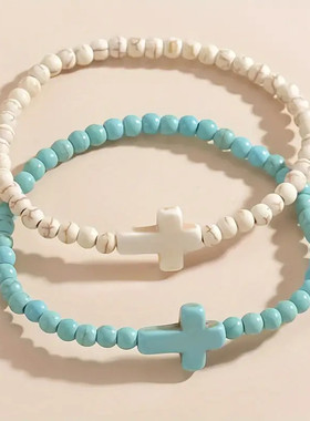 欧美跨境饰品 民族风十字架松石串珠手链女 复古两件套手链套装