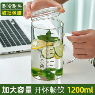 家用玻璃杯喝水杯子泡茶杯办公室有盖男女士水杯带把1000ml大容量