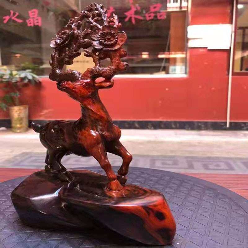 大红酸枝一路发七彩梅花鹿根雕摆件交趾黄檀随型雕刻工艺品